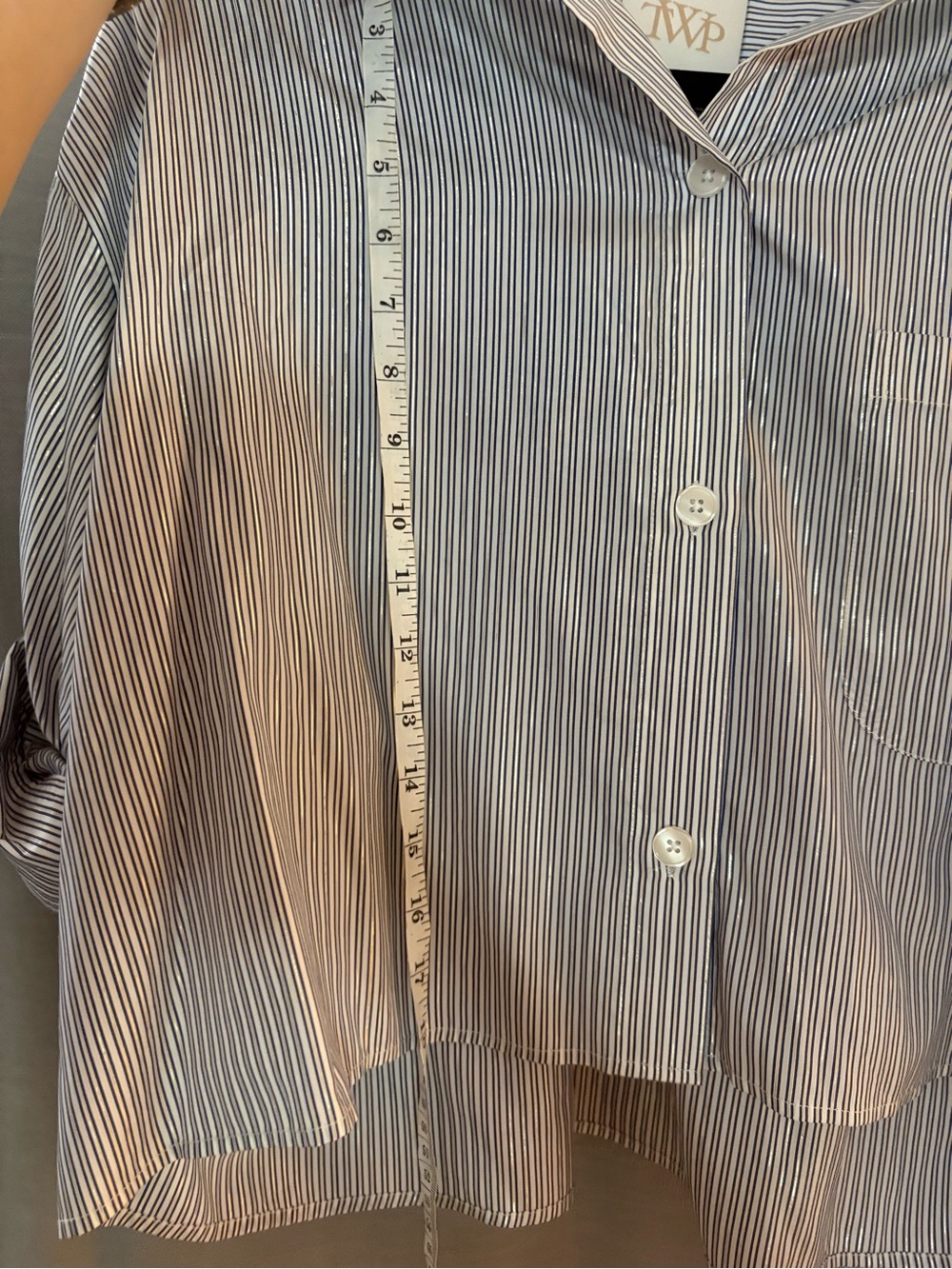 TWP Next Ex Cropped Button-Up Shirt in Thin Navy Stripe - Picture 4 of 4